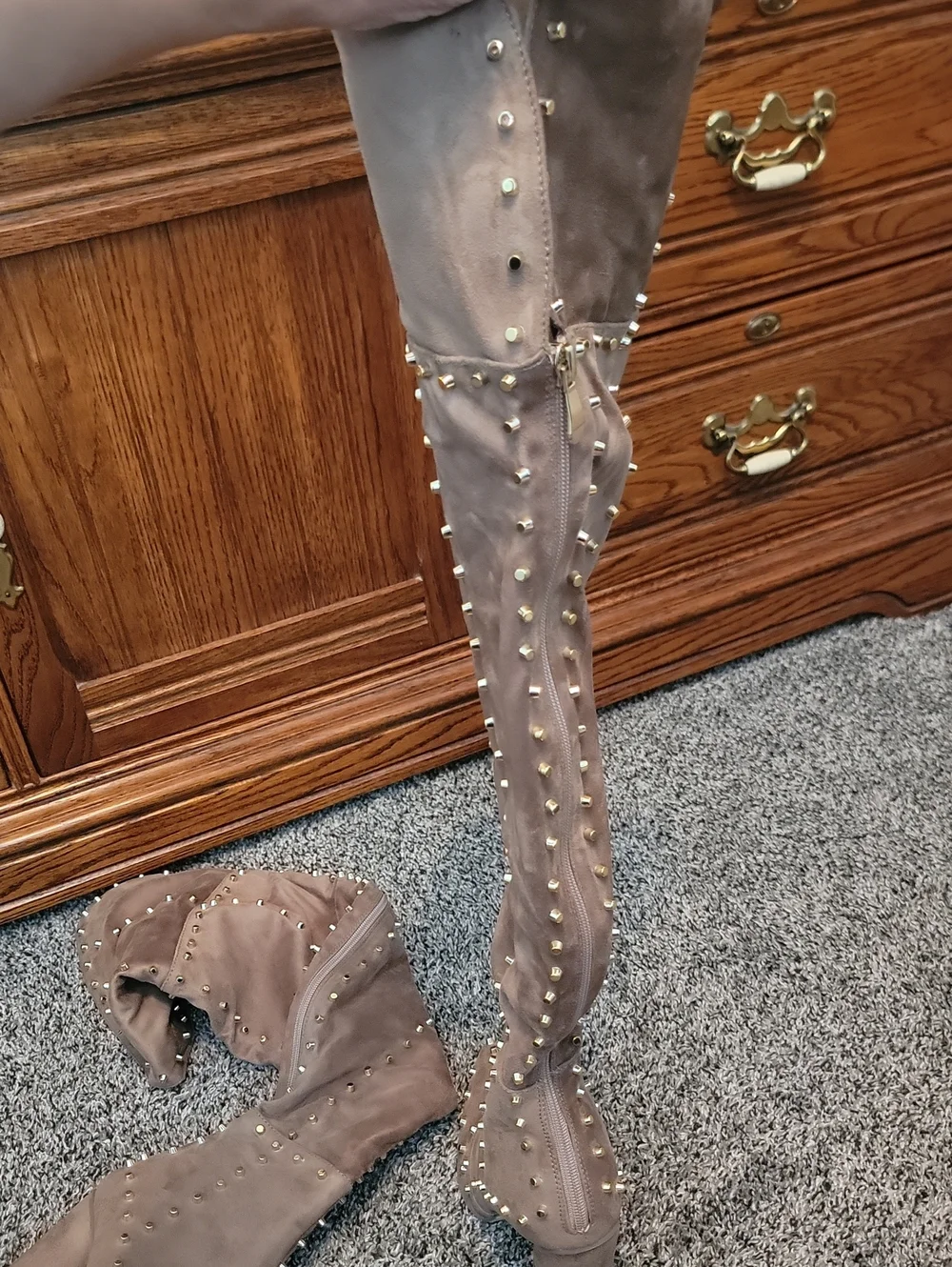 NWOT VENUS Taupe Studded Over-the-Knee Block Heel Boots